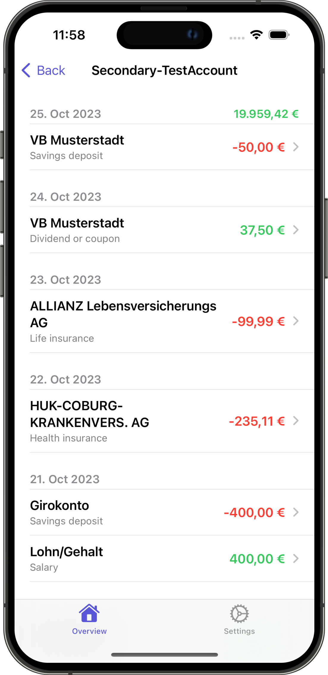 Overview transaction list screen