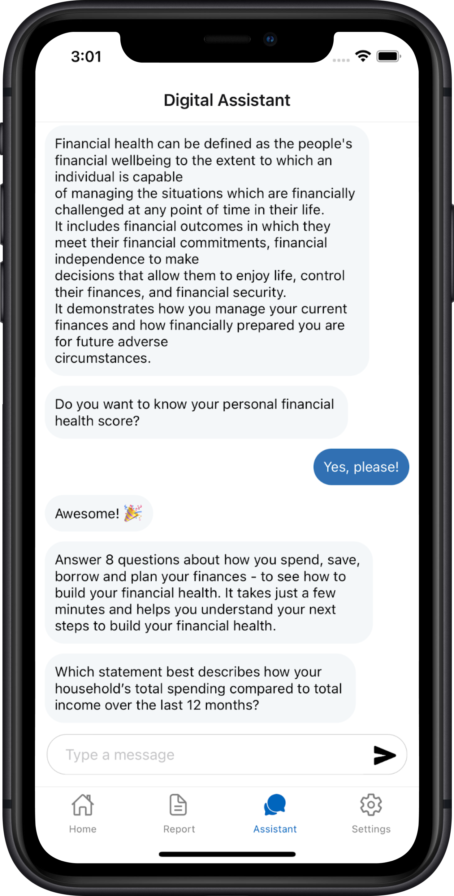 Financial Aggregator assistant screen