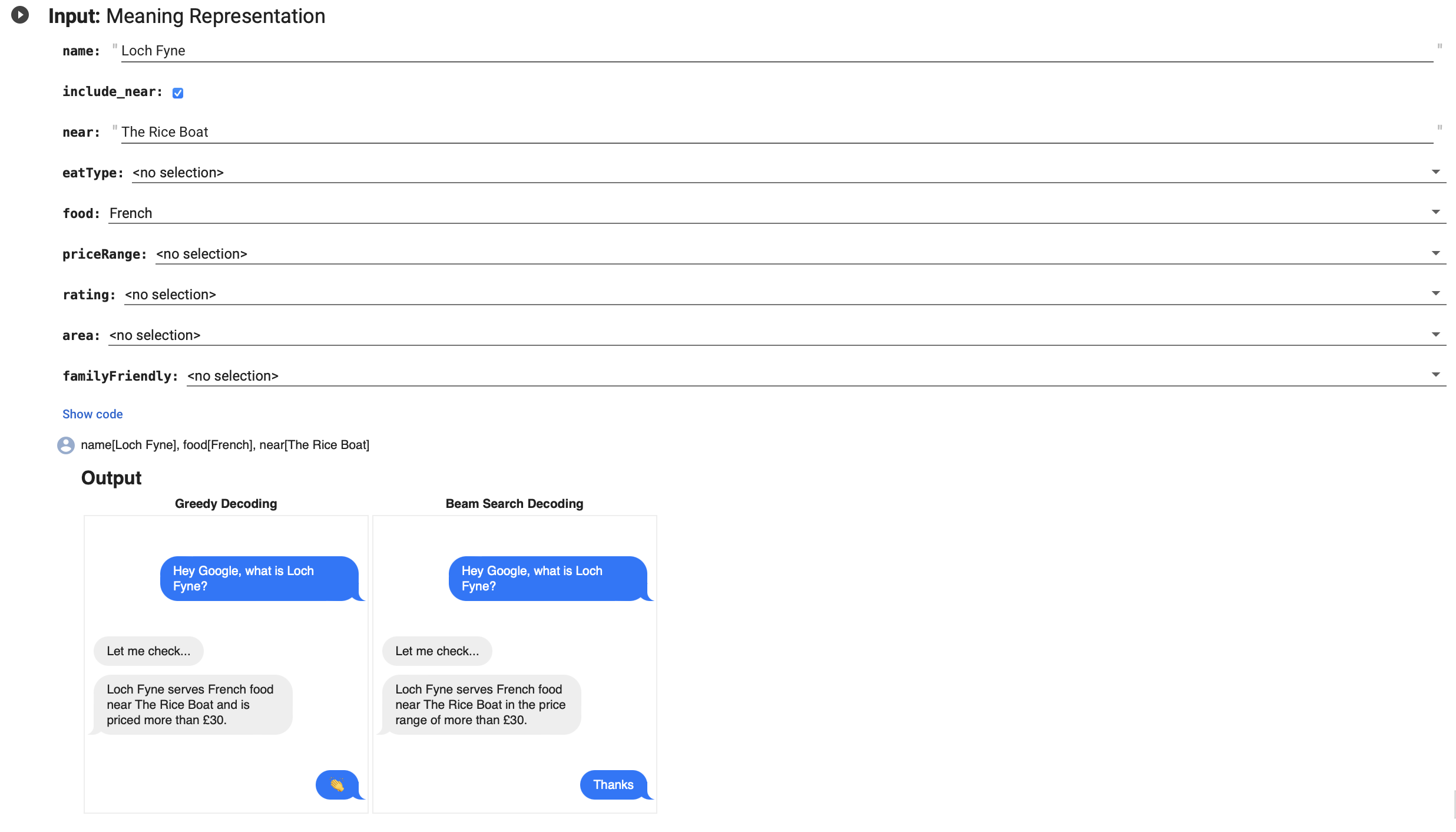 Google Colab Demo of the Restaurant Description Generation Model