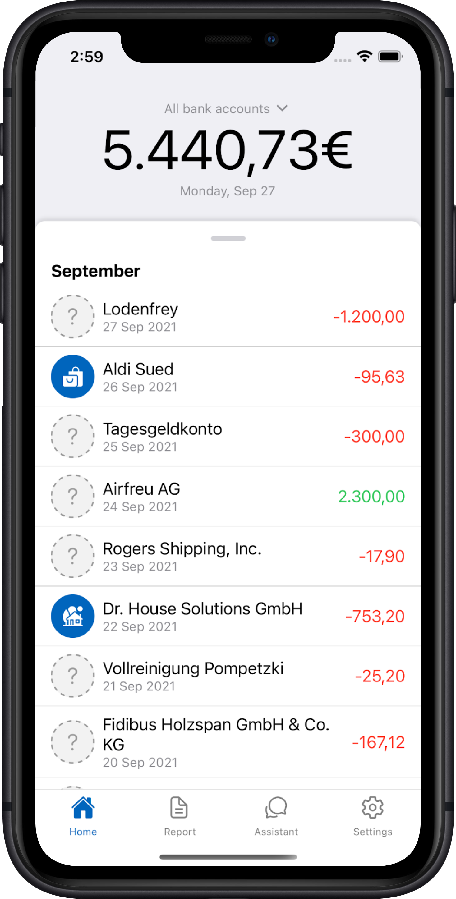 Financial Aggregator home screen