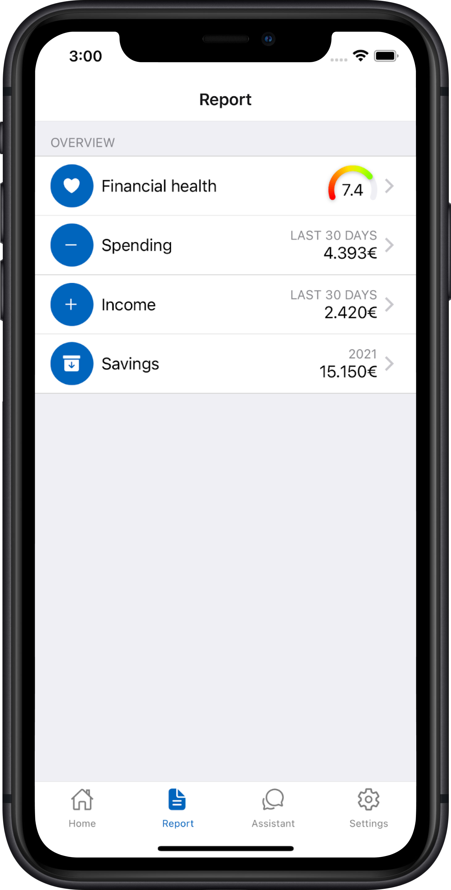 Financial Aggregator report screen