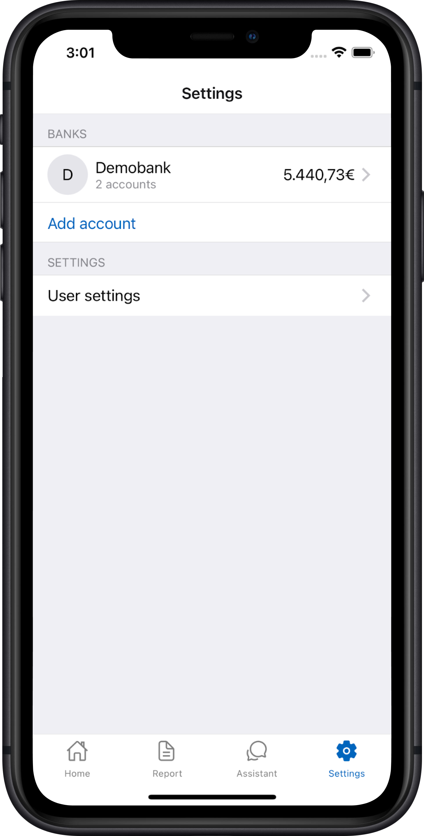 Financial Aggregator settings screen